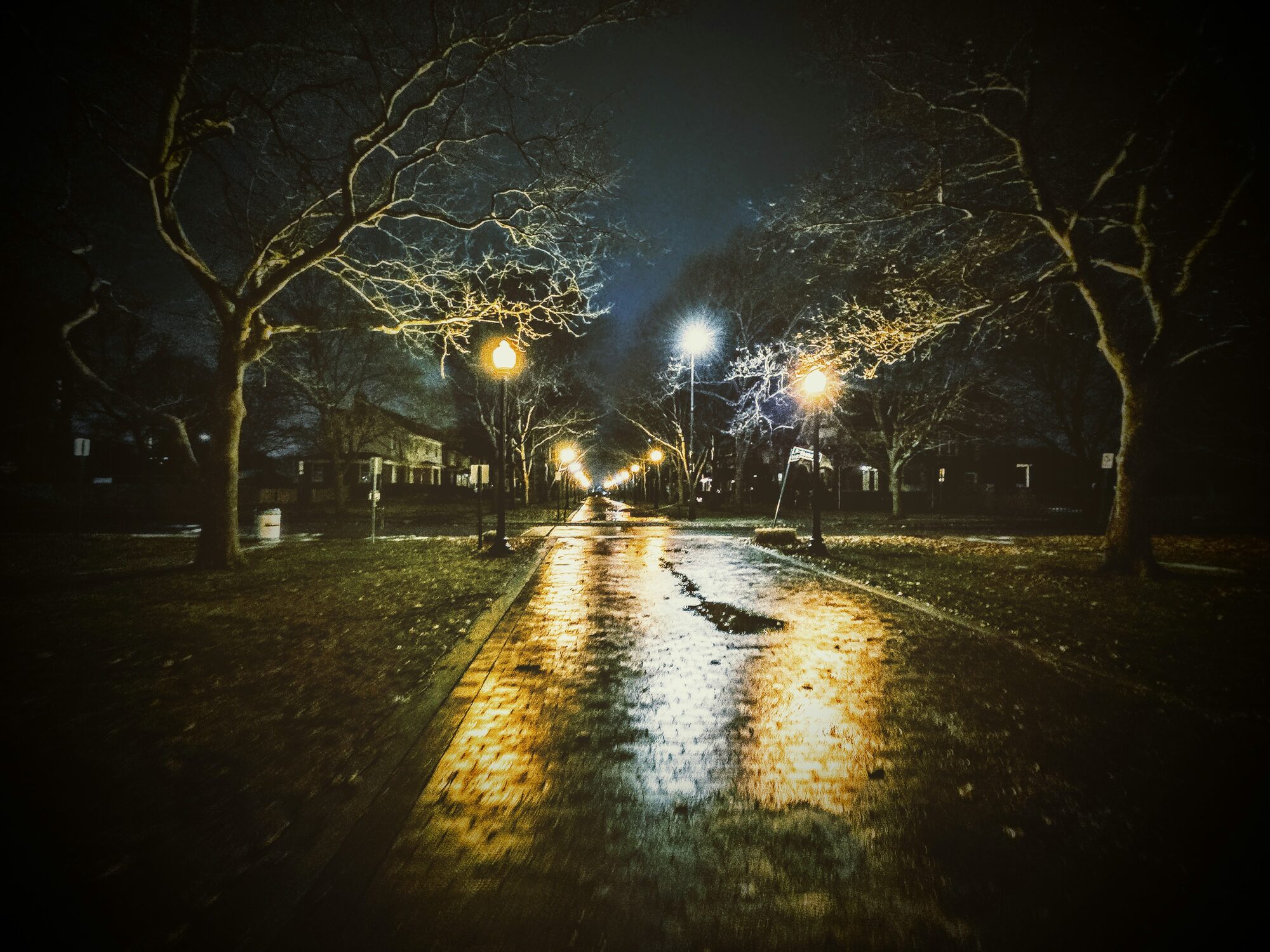 Wet Detroit street at night, headlights streaking across the pavement