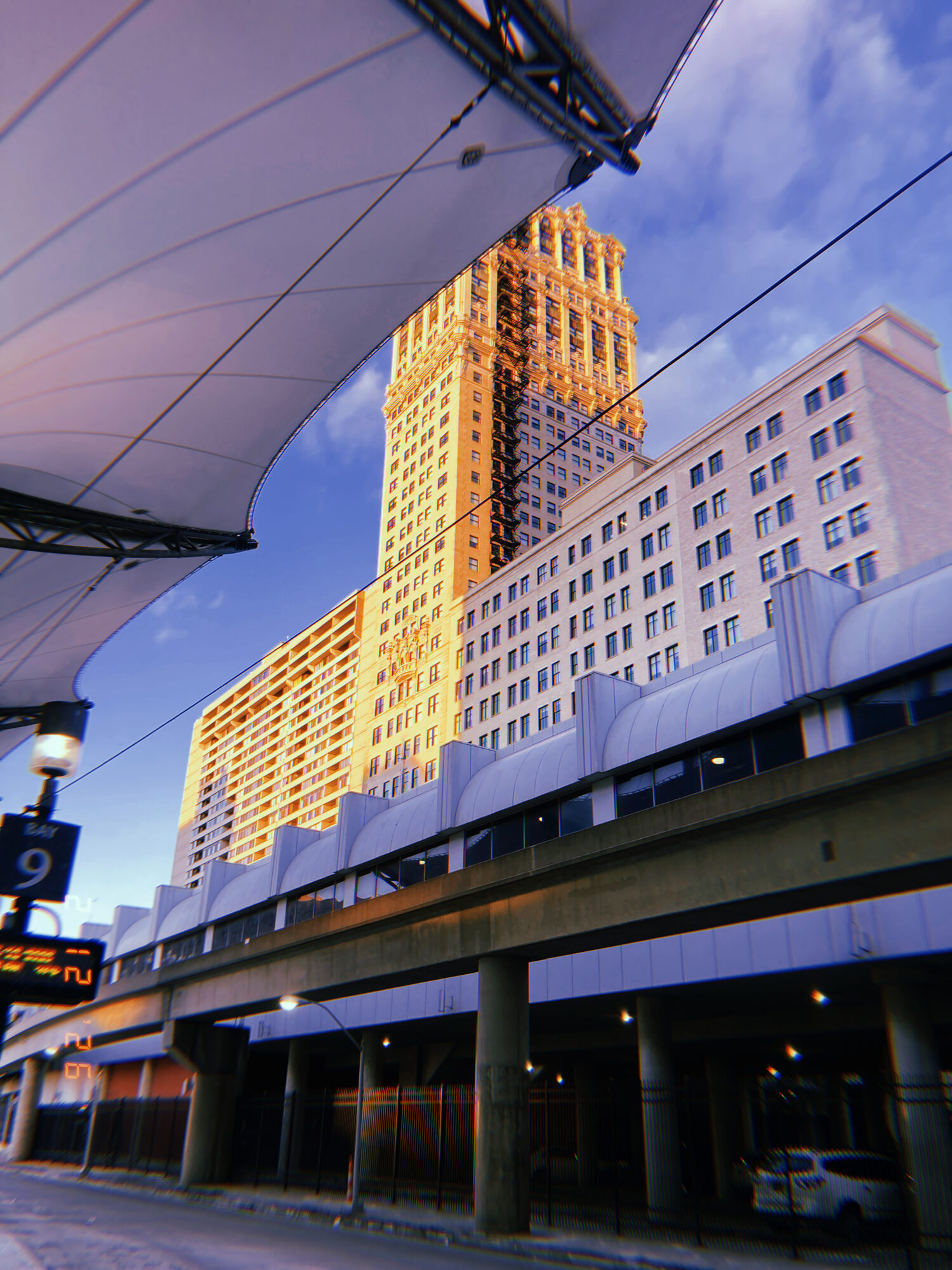 Rosa Parks Transit Center at dusk